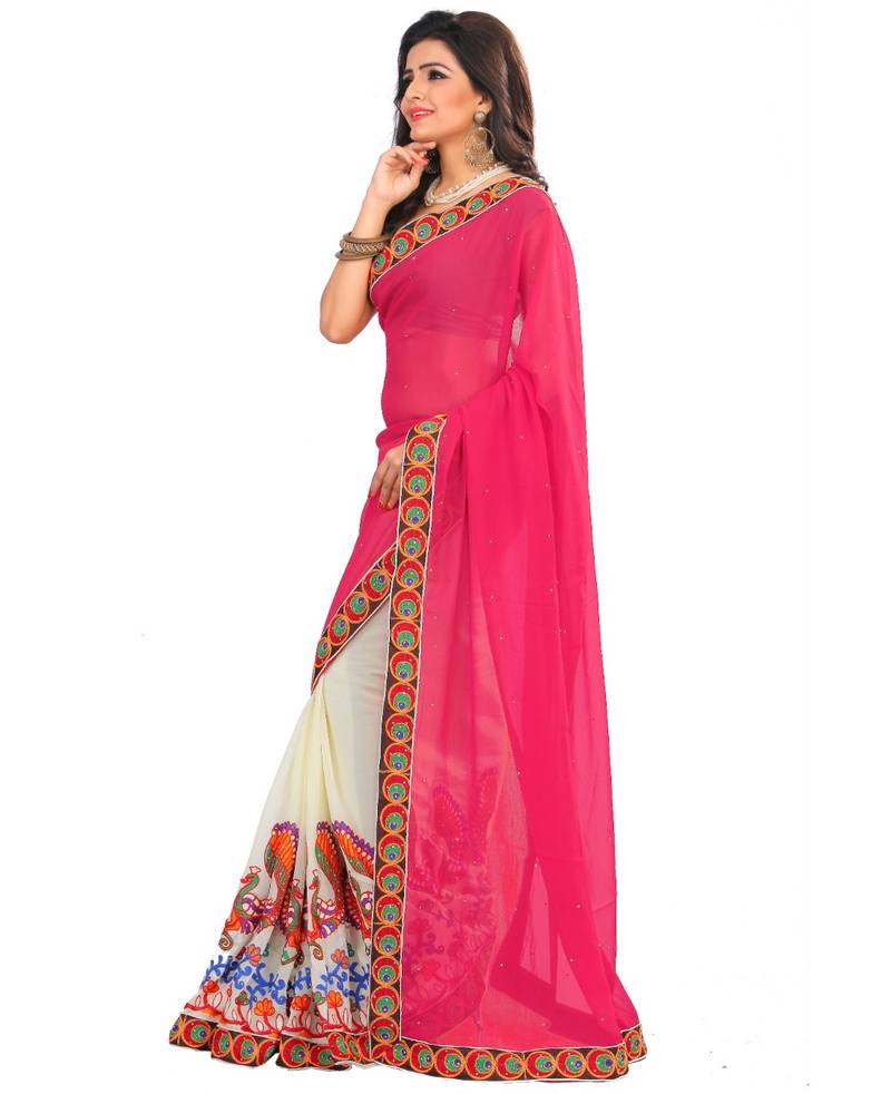 pink embroidered georgette saree with blouse