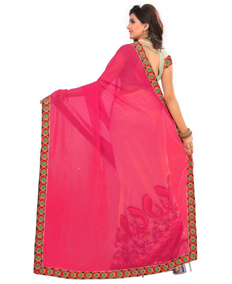pink embroidered georgette saree with blouse