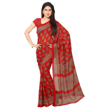 Red printed georgette saree with blouse 1