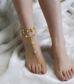 Gold Chains And Pearl Studded Ankle Bracelet