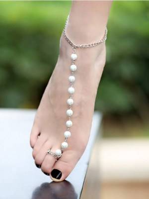 Silver Chain And Pearls Ankle Bracelet 1