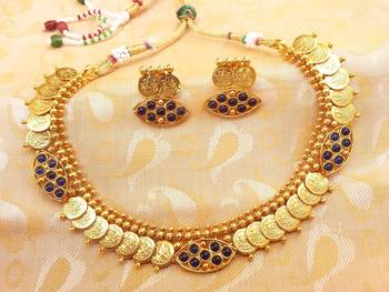 Beautiful Blue Kemp Laxmi Coin Necklace Set 1