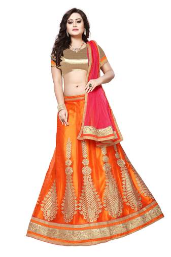 Orange Embroidered Net Unstitched Lehenga With Dupatta