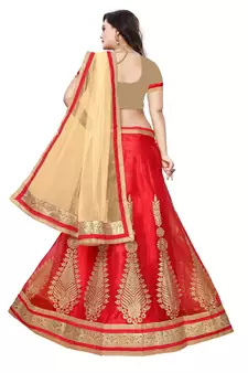 Red Embroidered Net Lehenga With Dupatta