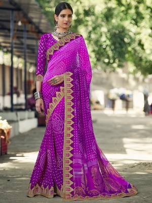 Pink printed georgette saree with blouse 1