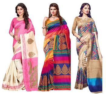 Multicolor printed bhagalpuri cotton saree with blouse Pack Of- 3  1