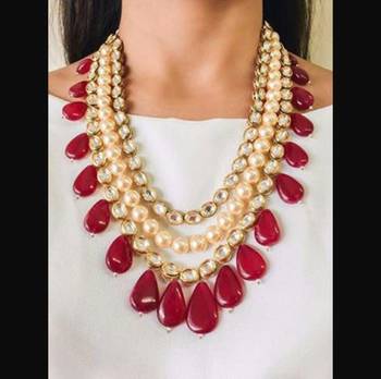 Kundan And Pearls Multistrand Necklace With Red Onyx Stone Droplets 1