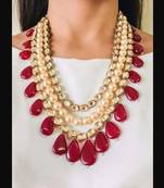 Kundan And Pearls Multistrand Necklace With Red Onyx Stone Droplets