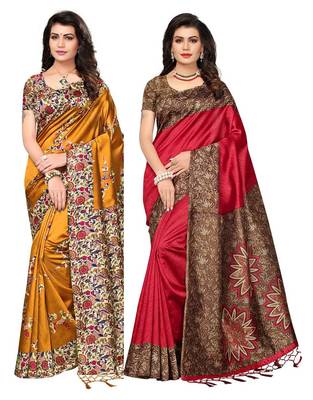Multicolor printed art silk saree with blouse pack of-2 saree 1