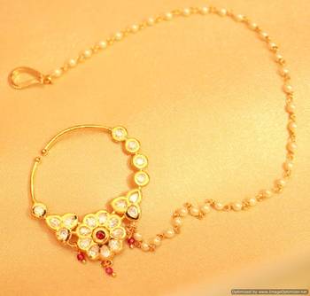 Ruby Kundan & Pearl Very Fine Work Bridal Nose Ring 1