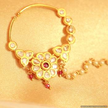 Ruby Kundan & Pearl Very Fine Work Bridal Nose Ring 2