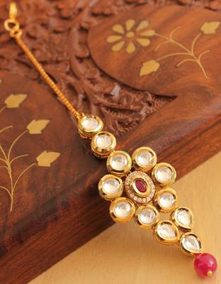 Awesome Gold Plated Red Kundan Bridal Maang Tikka 1