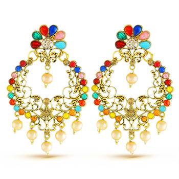 Multicolor Pearl Drop Fancy Gold Finish Dangle Earrings 1