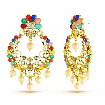 Multicolor Pearl Drop Fancy Gold Finish Dangle Earrings 2