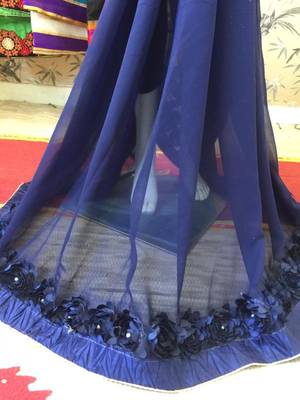 Navy Blue Woven Georgette Saree With Blouse 5