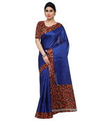Blue Plain Semi  Tussar Silk Saree With Blouse
