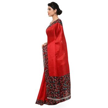 Red Plain Semi Tussar Silk Blend Saree With Blouse 2