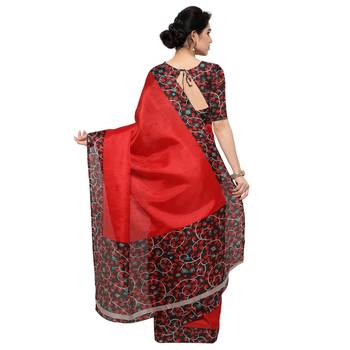 Red Plain Semi Tussar Silk Blend Saree With Blouse 3