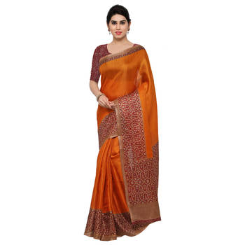 Orange plain semi tussar silk saree with blouse 1