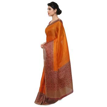Orange plain semi tussar silk saree with blouse 2
