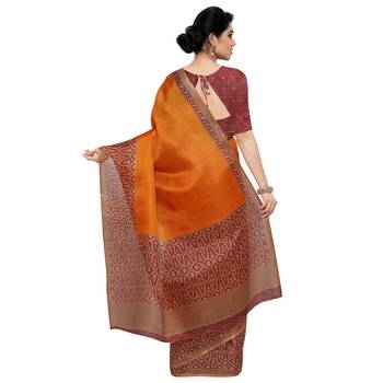 Orange plain semi tussar silk saree with blouse 3