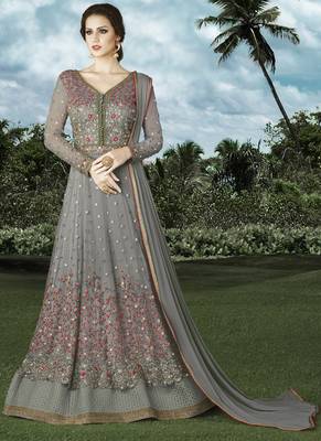 Grey Embroidered Net Anarkali Suit 1
