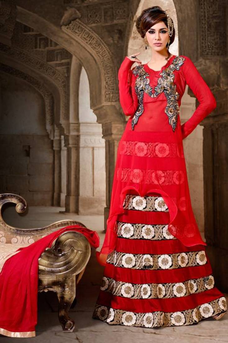 Lovely Maroon Georgette Silk Fancy Suit with Embroidery work