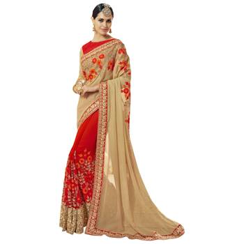 Red embroidered faux georgette saree with blouse 1