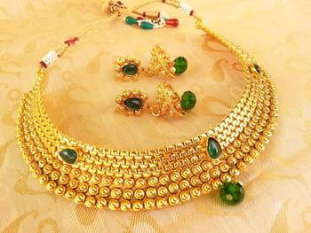 Gorgeous Green Kemp Metallic Necklace Set with Jhumkas 1