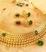 Gorgeous Green Kemp Metallic Necklace Set with Jhumkas