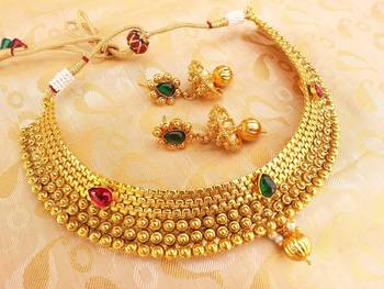 Multicolor Kemp Metallic Necklace Set with Jhumkas 1