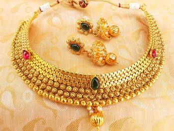 Multicolor Kemp Metallic Necklace Set with Jhumkas 2