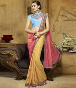Coral And Yellow Embroidery Liva saree with blouse