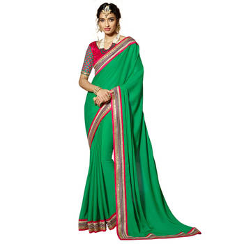 Green Embroidery Crepe and Jacquard saree with blouse 1