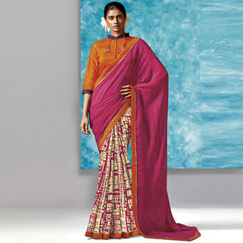 Pink Printed Work Liva And Silk saree with blouse 1