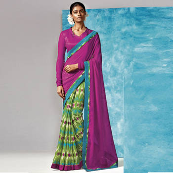 Magenta And Green Printed Work Liva And Silk saree with blouse 1