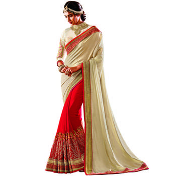 Off White And Red Embroidery Crepe And Georgette saree with blouse 1