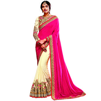 Off White And Pink Embroidery Crepe saree with blouse 1