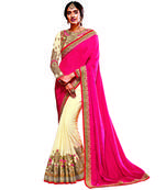Off White And Pink Embroidery Crepe saree with blouse