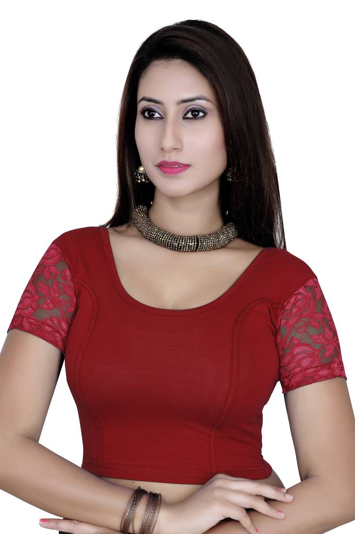 B.red solid  stretch stitched blouse