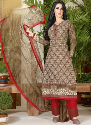 Beige embroidered cotton salwar with dupatta 1