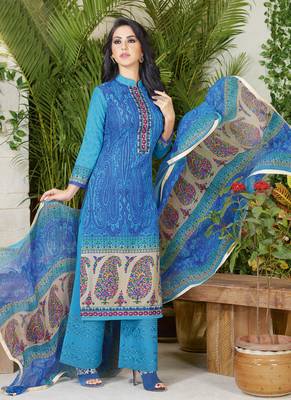 Sky Blue Embroidered Cotton Salwar With Dupatta 1