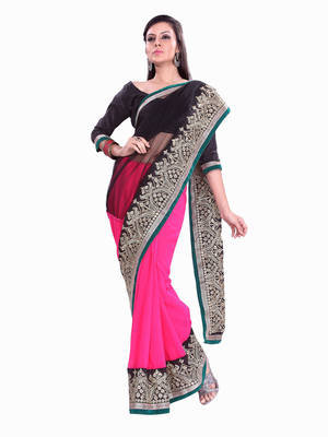 Pink Embroidered Net Saree With Blouse 1