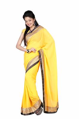 Yellow Embroidered Satin Saree With Blouse 1