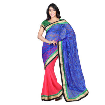 Blue Embroidered Brasso Saree With Blouse 1