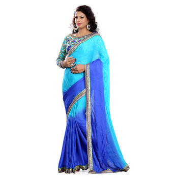 Blue Embroidered Satin Saree With Blouse 1