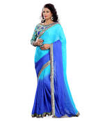 Blue Embroidered Satin Saree With Blouse