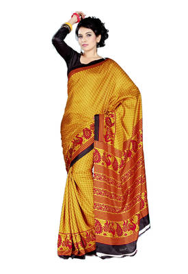 Yellow Printed Tussar Silk Saree Without Blouse 1