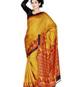 Yellow Printed Tussar Silk Saree Without Blouse