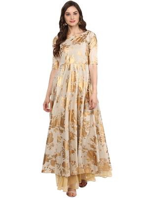 Beige printed Cotton stitched kurti 1